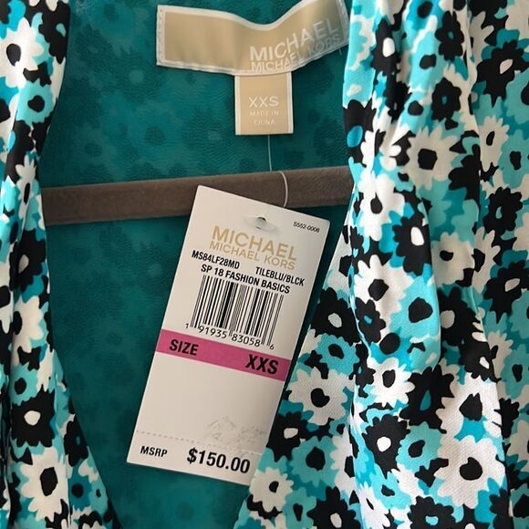 Michael Kors Neck tie teal Blue black Floral Top XXS NWT - Picture 5 of 8